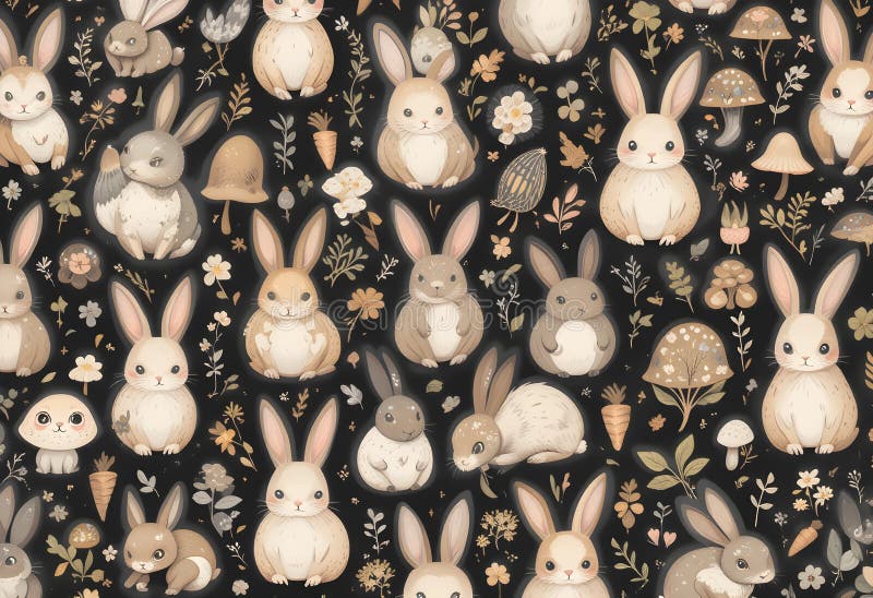 Whimsical FolkArt Rabbits in einer verzauberten Landschaft Szene vektor abbildung