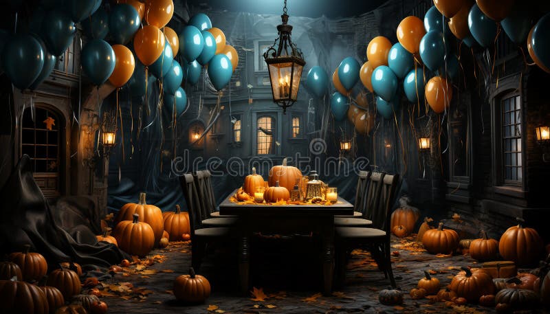 A whimsical Halloween party scene with colorful balloons, confetti  AI generated