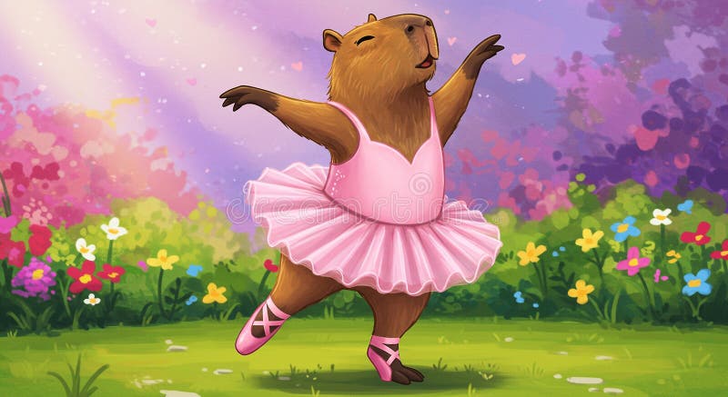 A whimsical illustration of a capybara dressed in a pink ballet tutu and ballet stock illustration