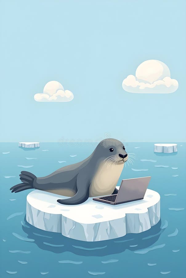 A whimsical illustration depicts a seal using a laptop on a floating ice floe vector illustration