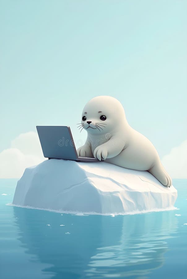 A whimsical illustration depicts a seal using a laptop on a floating ice floe vector illustration