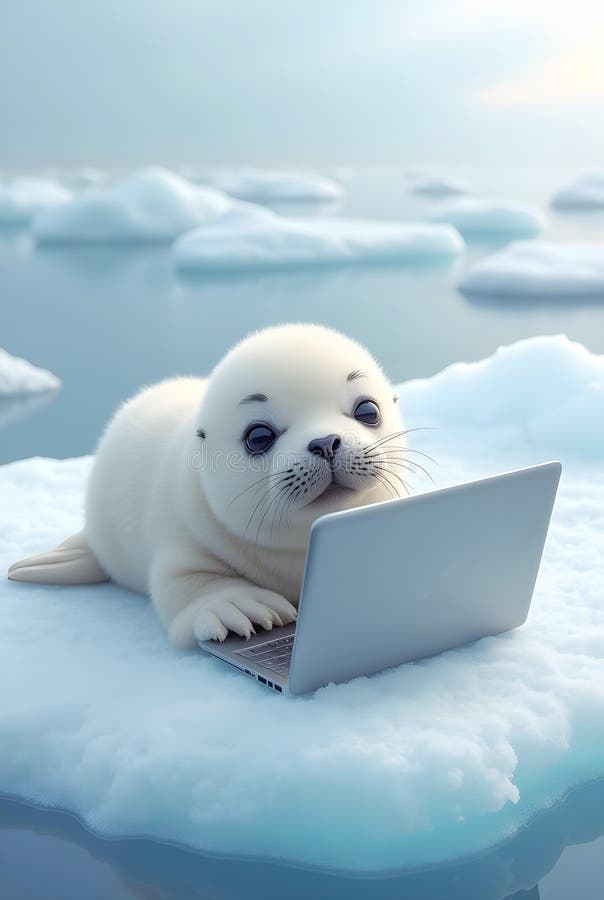 A whimsical illustration depicts a seal using a laptop on a floating ice floe stock illustration