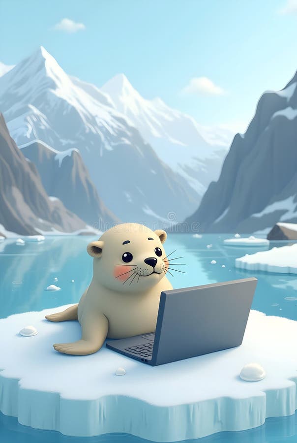 A whimsical illustration depicts a seal using a laptop on a floating ice floe stock illustration