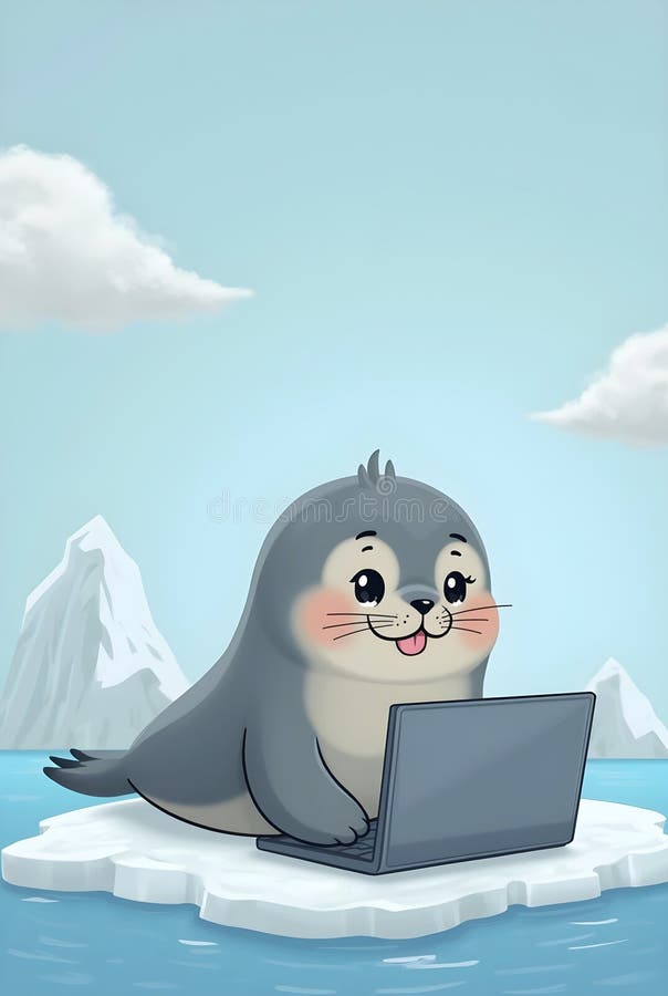A whimsical illustration depicts a seal using a laptop on a floating ice floe vector illustration