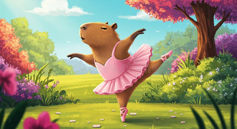 A whimsical illustration features a capybara dressed in a pink ballet outfit vector illustration