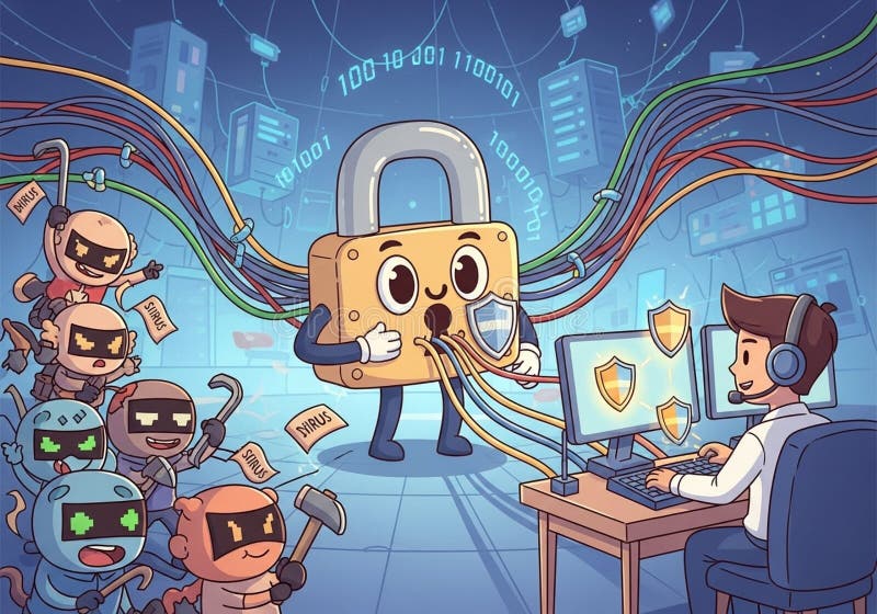 A whimsical illustration features a large cartoon padlock vector illustration