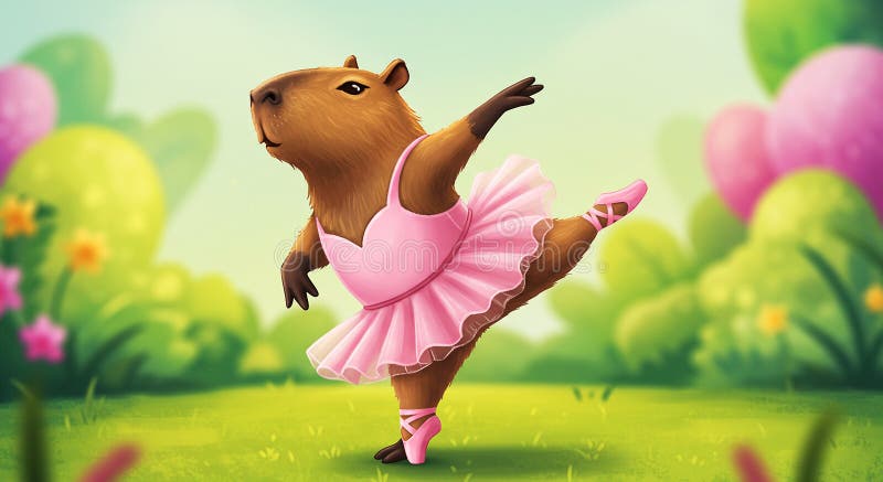 A whimsical illustration featuring a capybara wearing a pink ballet outfit, including stock illustration