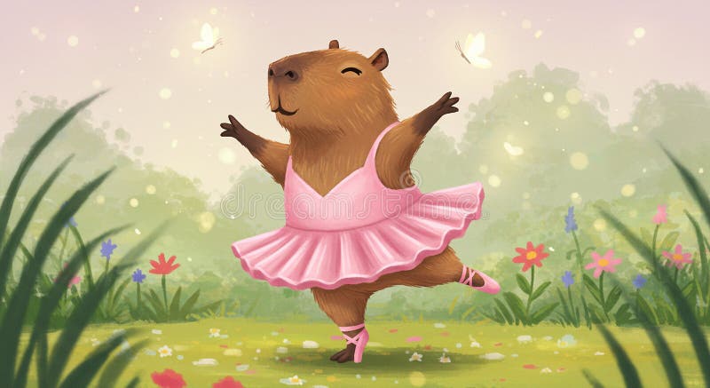 A whimsical illustration featuring a capybara wearing a pink ballet tutu, poised royalty free illustration