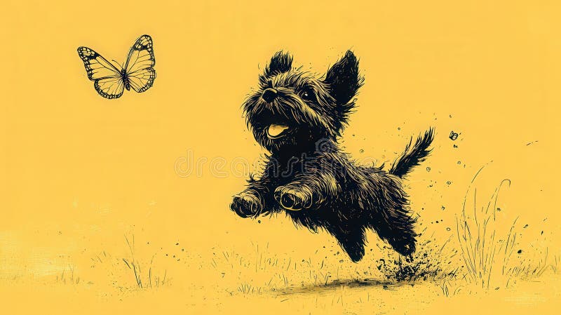 Cartoon Dog with Butterfly in Field for Whimsical Illustration vector illustration