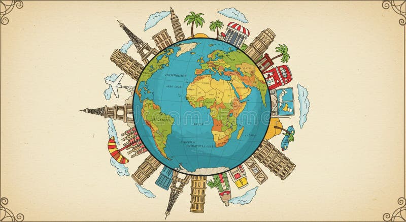 Whimsical illustration of a globe centered on Africa, surrounded by famous vector illustration