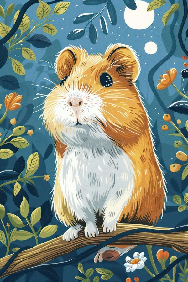 Adorable Guinea Pig on Branch at Night royalty free illustration