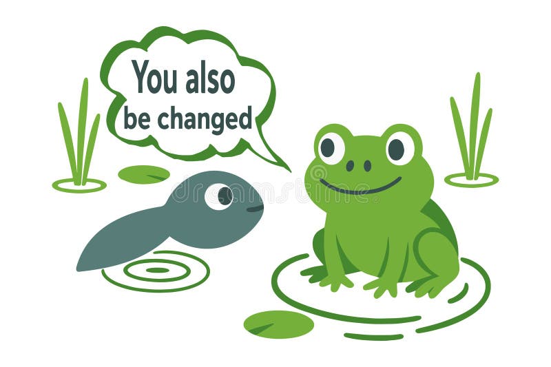 This whimsical illustration shows a friendly frog sitting on a lilypad having a conversation with a tadpole, offering a message of encouragement about inevitable personal change and growth through the process of metamorphosis and development. Tadpole cute vectors