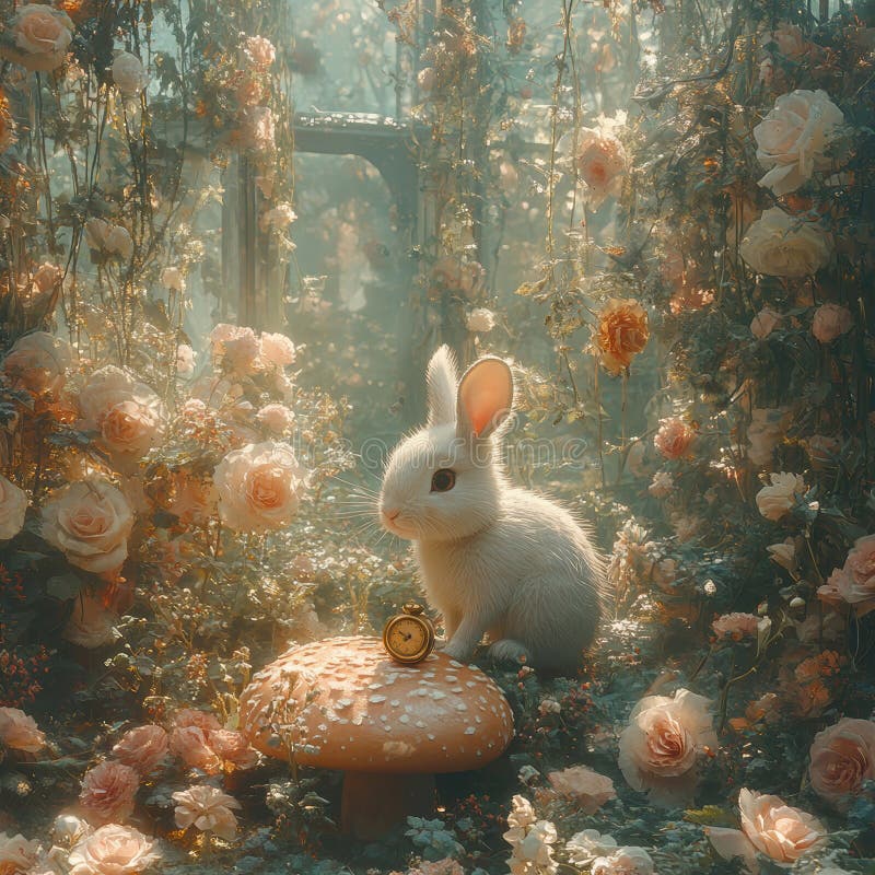 A whimsical image of a white bunny on a mushroom in a magical garden filled with blooming roses Features fantastical stock photo