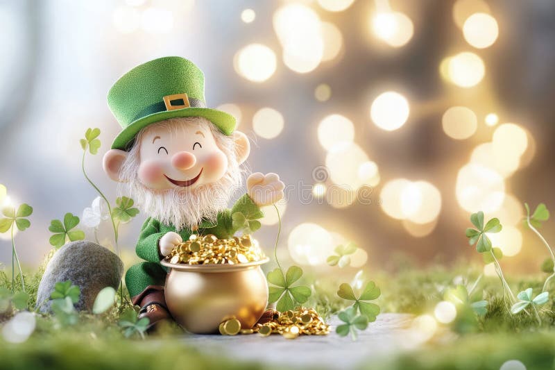 Whimsical irish leprechaun figurine with pot of gold in enchanting fairy tale forest scene royalty free stock photo