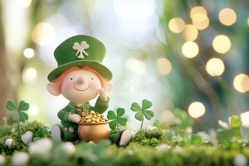 Whimsical irish leprechaun figurine with pot of gold in enchanting fairy tale forest scene stock photos