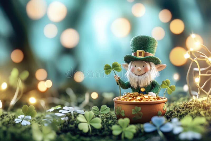 Whimsical irish leprechaun figurine with pot of gold in enchanting fairy tale forest scene stock photos
