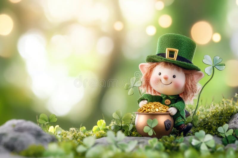 Whimsical irish leprechaun figurine with pot of gold in enchanting fairy tale forest scene royalty free stock photo