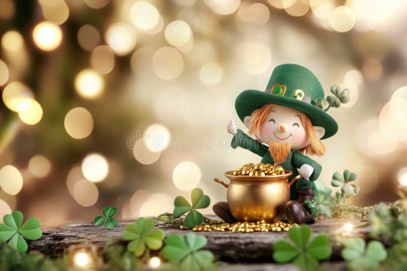 Whimsical irish leprechaun figurine with pot of gold in enchanting fairy tale forest scene royalty free stock photography