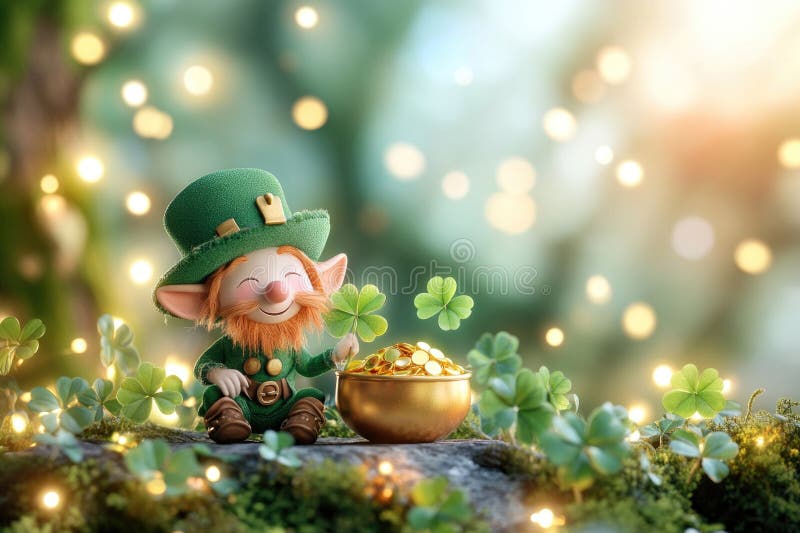 Whimsical irish leprechaun figurine with pot of gold in enchanting fairy tale forest scene stock image