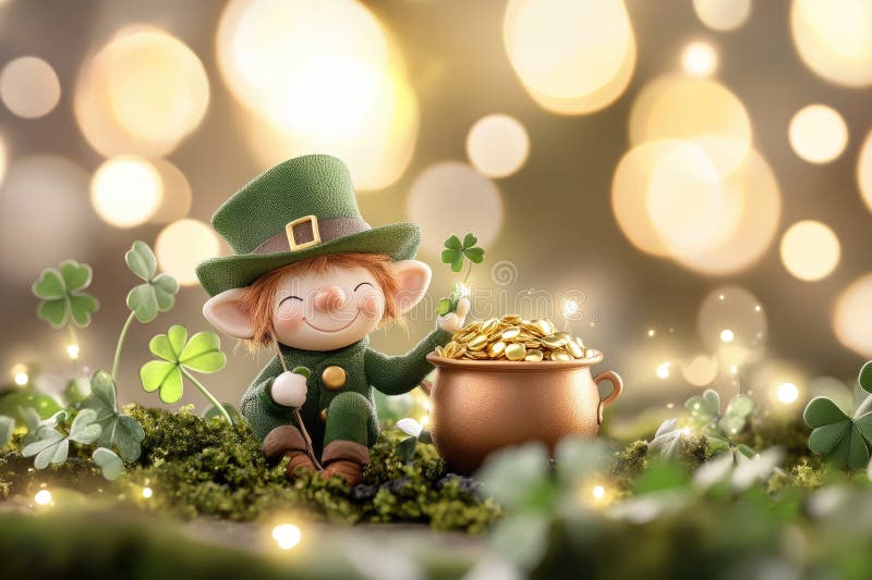 Whimsical irish leprechaun figurine with pot of gold in enchanting fairy tale forest scene royalty free stock photos