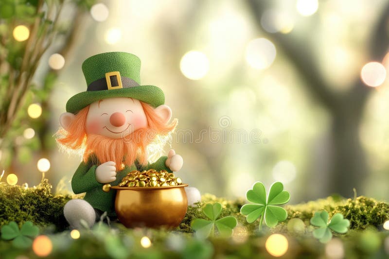 Whimsical irish leprechaun figurine with pot of gold in enchanting fairy tale forest scene royalty free stock image