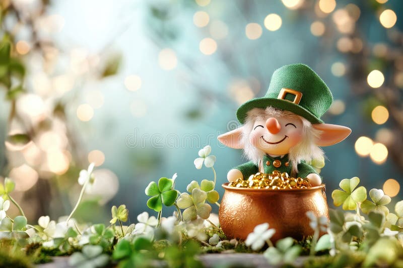 Whimsical irish leprechaun figurine with pot of gold in enchanting fairy tale forest scene stock photo