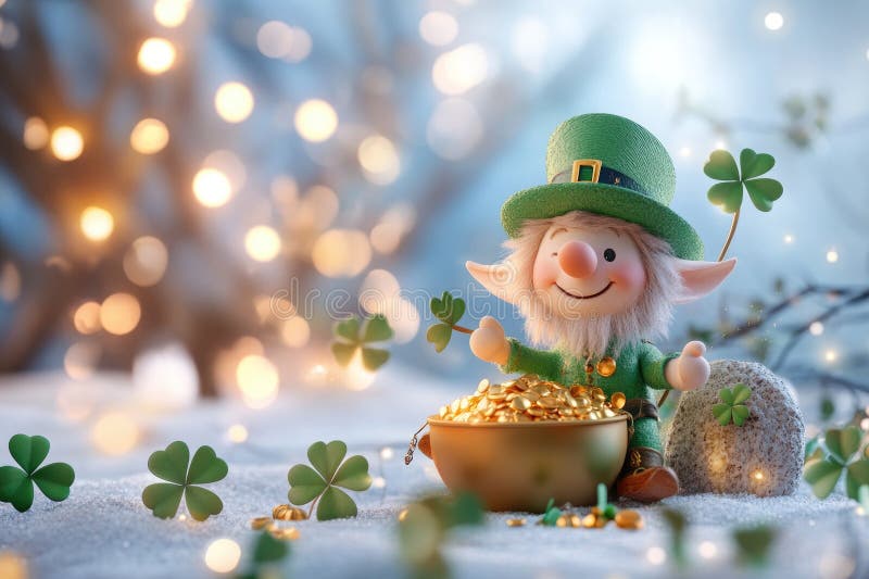 Whimsical irish leprechaun figurine with pot of gold in enchanting fairy tale forest scene stock photos