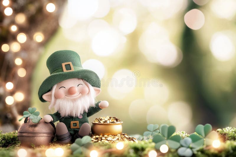 Whimsical irish leprechaun figurine with pot of gold in enchanting fairy tale forest scene royalty free stock images