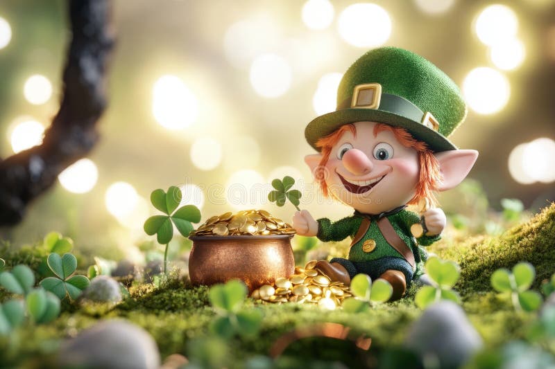 Whimsical irish leprechaun figurine with pot of gold in enchanting fairy tale forest scene royalty free stock photography