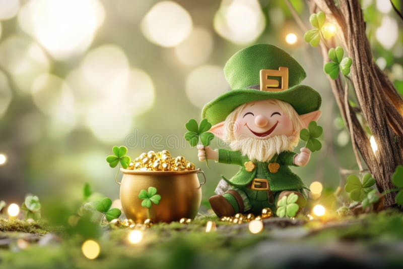 Whimsical irish leprechaun figurine with pot of gold in enchanting fairy tale forest scene stock photos