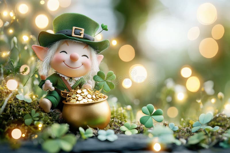 Whimsical irish leprechaun figurine with pot of gold in enchanting fairy tale forest scene royalty free stock photo