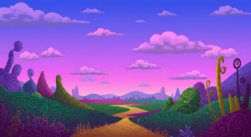 Whimsical landscape with a winding path through vibrant, swirling hills under a vector illustration