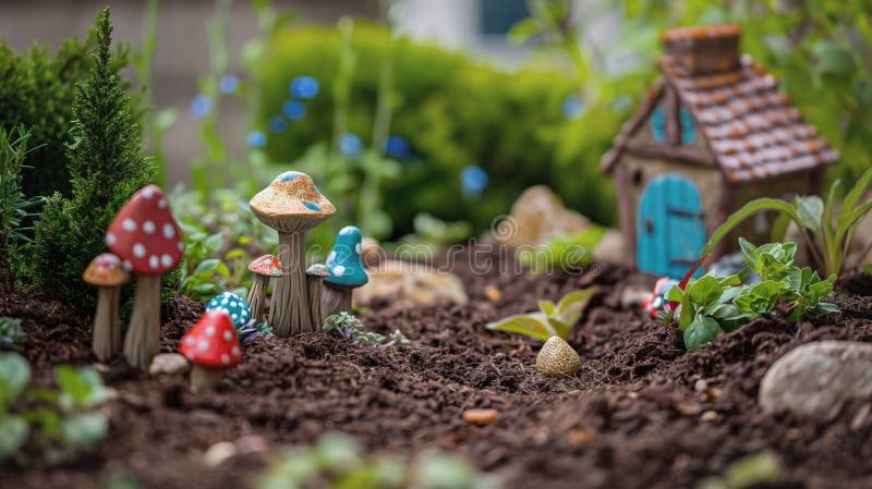 Whimsical miniature garden, colorful mushrooms, tiny house, lush greenery, enchanting fairy tale scene, magical royalty free stock photo