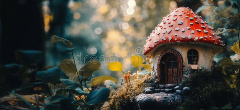 Whimsical mushroom house nestled in lush greenery, enchanting fairy tale setting with vibrant colors and soft bokeh royalty free stock image