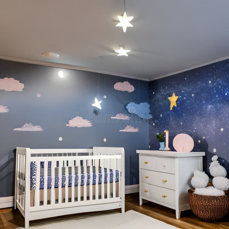 A Whimsical Nursery with a Celestial Theme, Featuring Starry Wallpaper