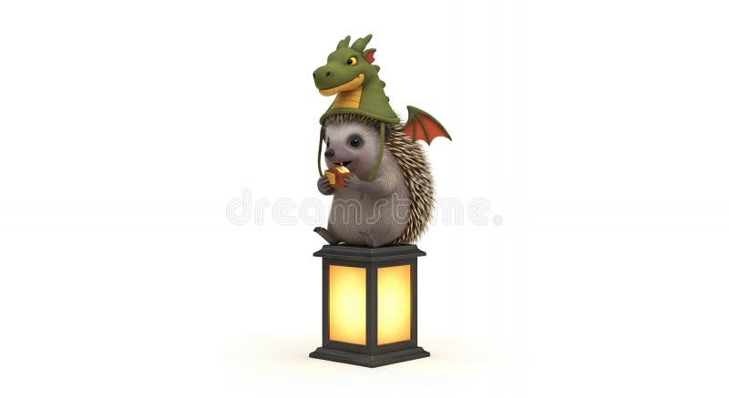 Whimsical Pixel Art Hedgehog with Dragon Hat Perched on Glowing Lantern on White Background Detailed 3D Render Captivating Scene vector illustration