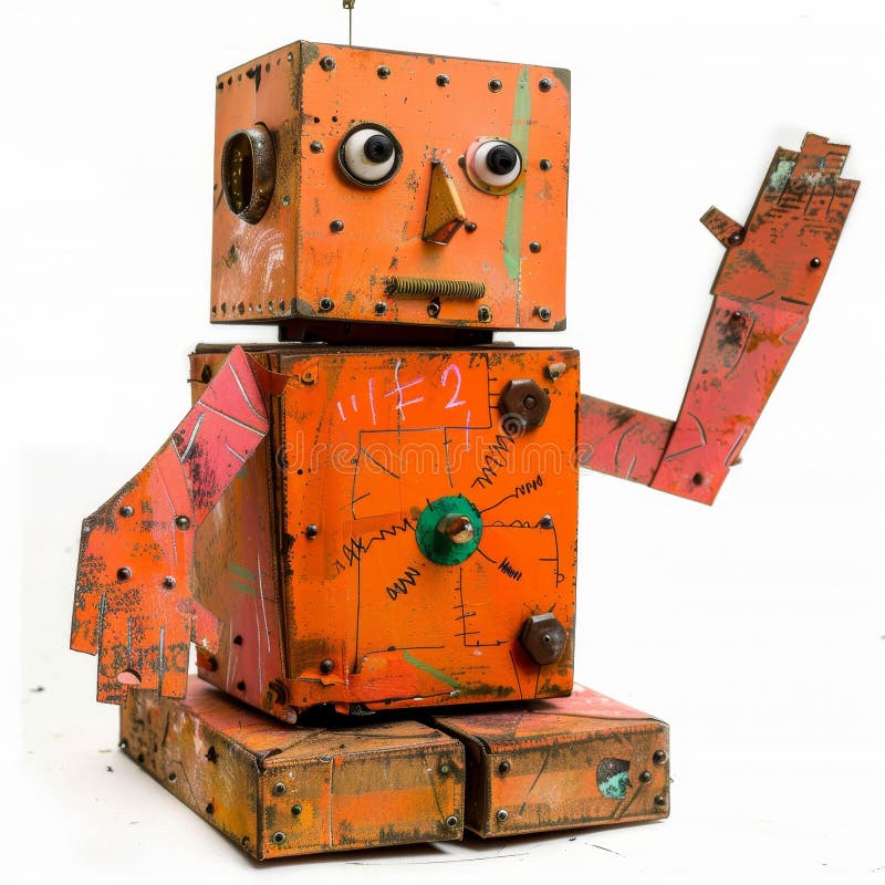 Whimsical, Rusty Robot Toy on Isolated White Background Orange, Textured, and Full of Character. vector illustration