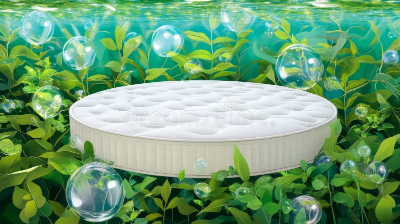 A whimsical setting features a cartoon mattress surrounded by bubbles, leaves, and oranges stock photo