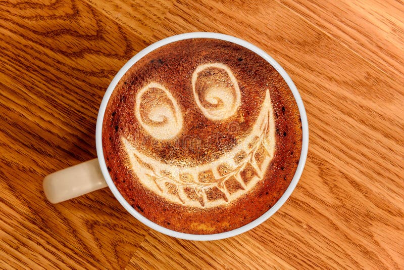 Whimsical Smiley Face Latte Art on Wood Surface Stock Image Image of