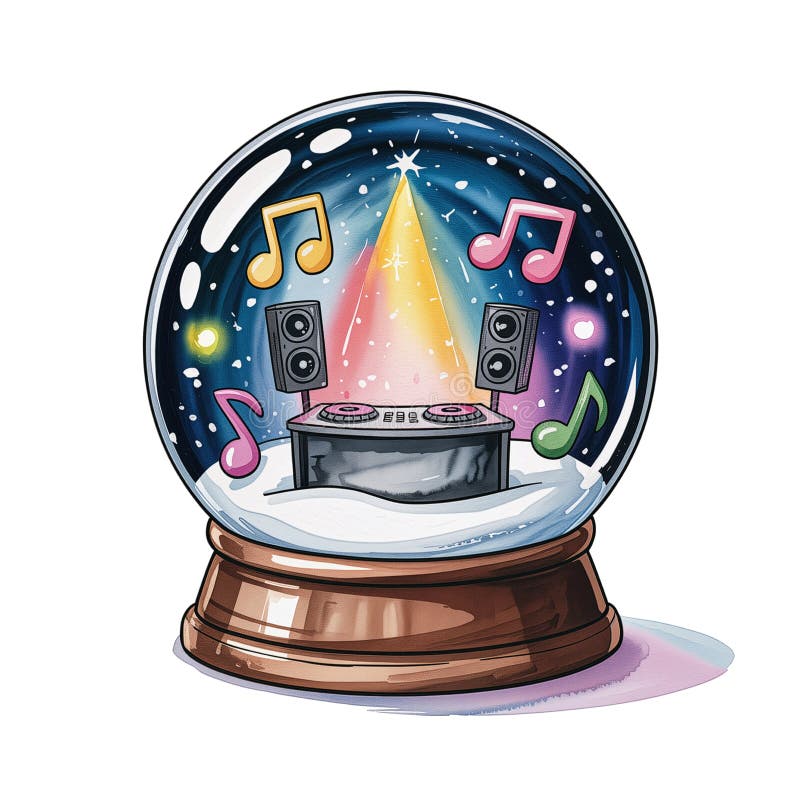 A whimsical snow globe features a DJ setup with speakers and colorful musical notes floating around generative ai. Colorful musical notes stock images, royalty-free photos and pictures