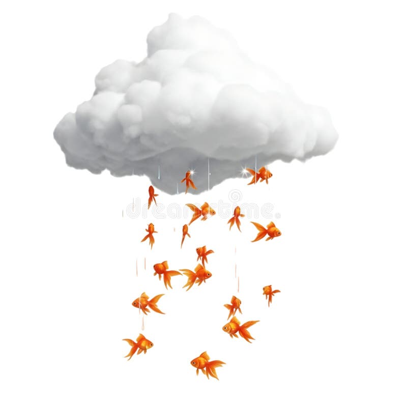 A whimsical and surreal image featuring a fluffy white cloud from which numerous vibrant orange goldfish are raining down. The scene evokes themes of unexpected fortune, abundance, and magical occurrences, presented cleanly isolated on a transparent background. Fortune raining vectors