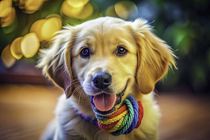 Whimsical TiltShift Portret Miniature Golden Retriever Puppy zaangażowany w zabawną walkę z Małą Zabawką ilustracji