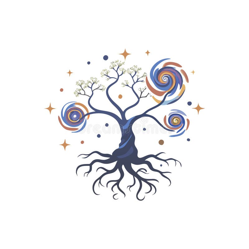 Whimsical Tree of Life Art with Swirling Elements and Star Accents royalty free illustration