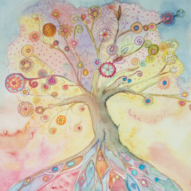 Whimsical tree of life with pastel colors.