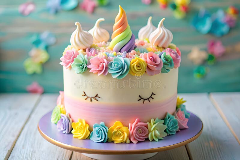 Whimsical Unicorn Cake with Pastel Colors and Rainbow Decoration Stock ...