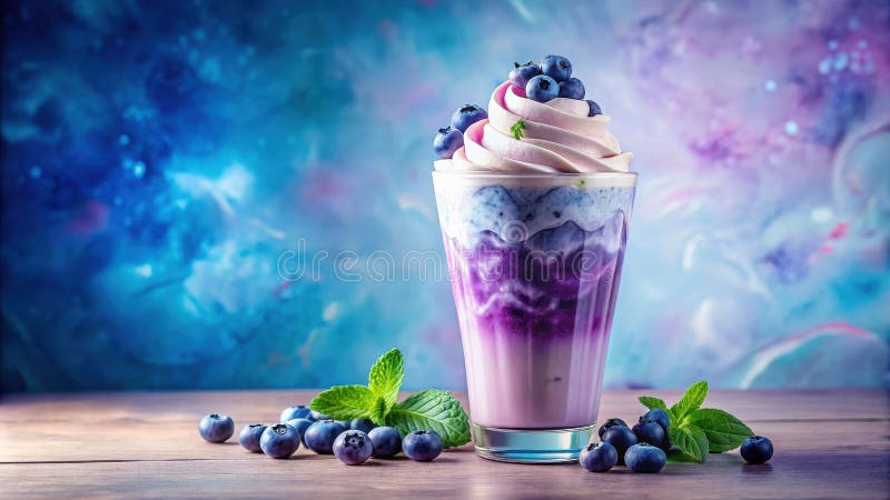 Whimsikfarbener Blaubeerensmoothie mit Schlagsahne und frischem Minzengarnieren auf einem Holztisch. Generative AI stock abbildung