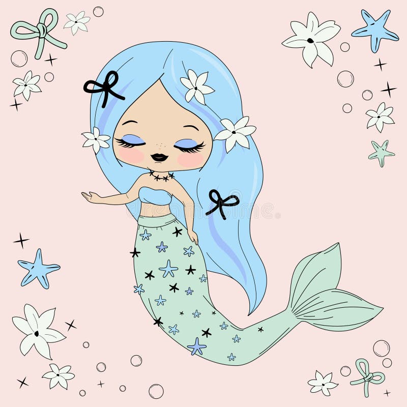 Whimsiskt mermaid set with coquette dekorative elements. Cute Aestesies blommor, stjärnfiskar och blåsor. Strandtillbehör till fli royaltyfri illustrationer