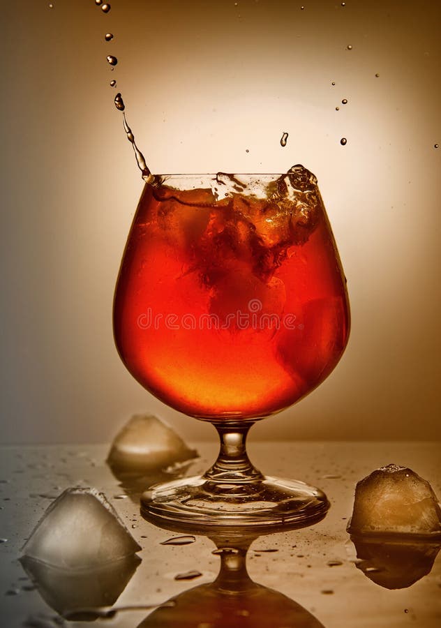Whiskey, bourbon, brandy o cognac con ghiaccio su un fondo arancio fotografie stock Whiskey, bourbon, brandy o cognac con ghiaccio su un fondo arancio fotografie stock