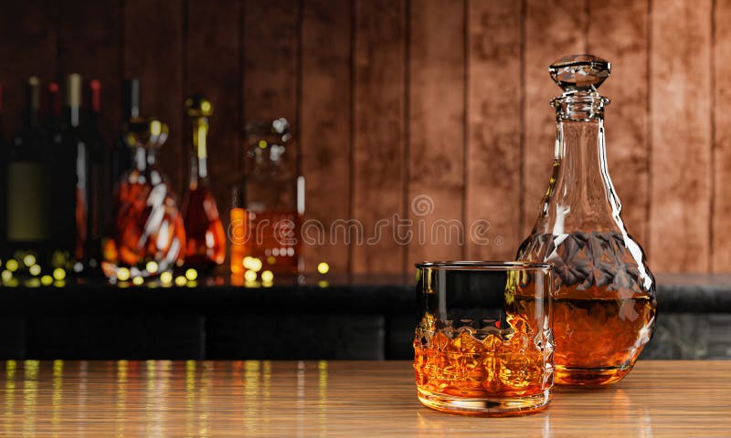 Whiskey or brandy, alcoholic beverages In transparent elegant bottle. Alcohol in clear glass on wooden floor table. Multiple wine