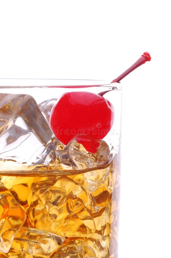 John Collins or Whiskey sour cocktail in glass decorated with cherry, slice  of orange and straws isolated on white background Stock Photo